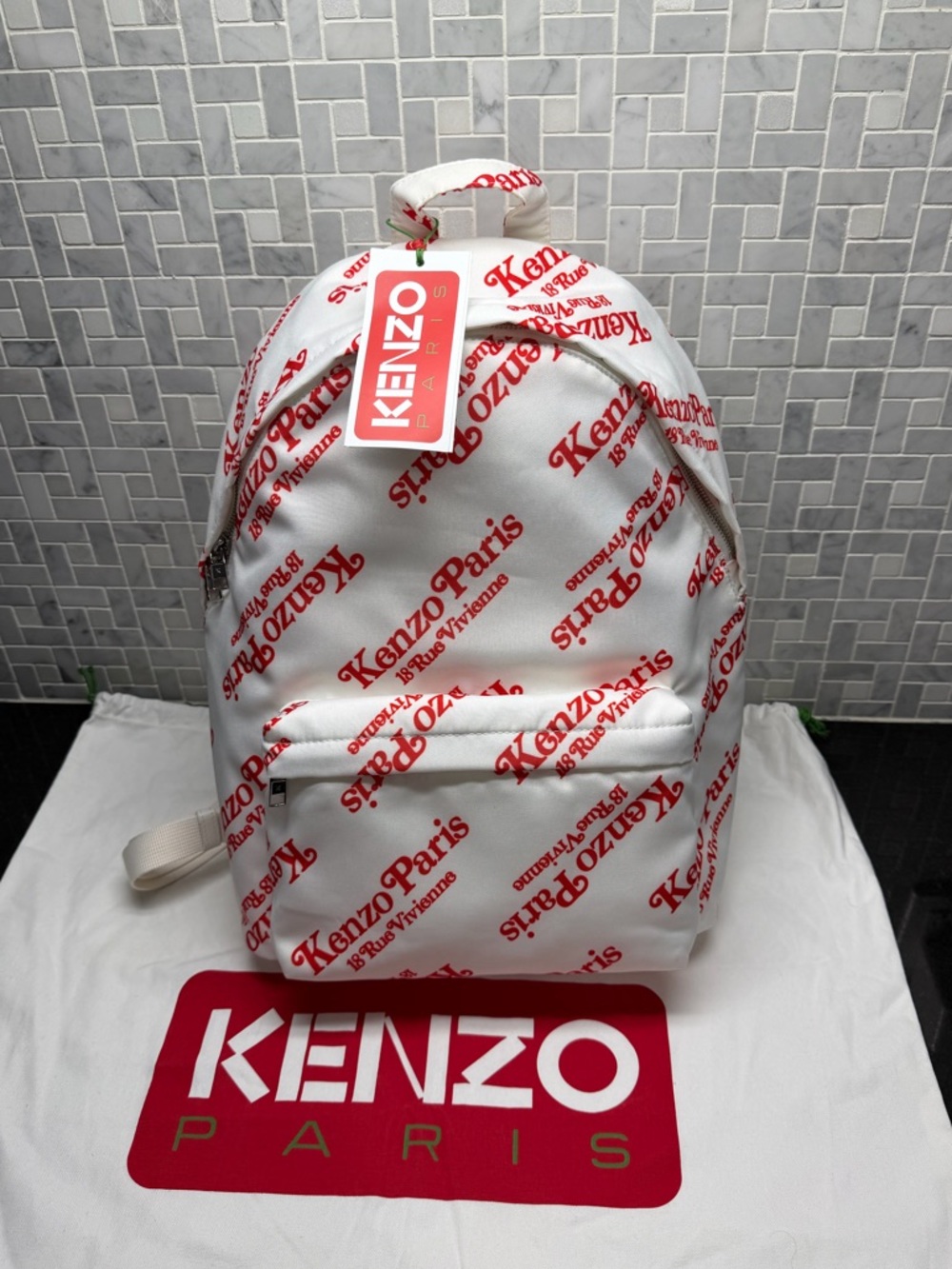 Kenzo Paris Logo Print Backpack Off White Red Allover Logo Canvas New With Tags